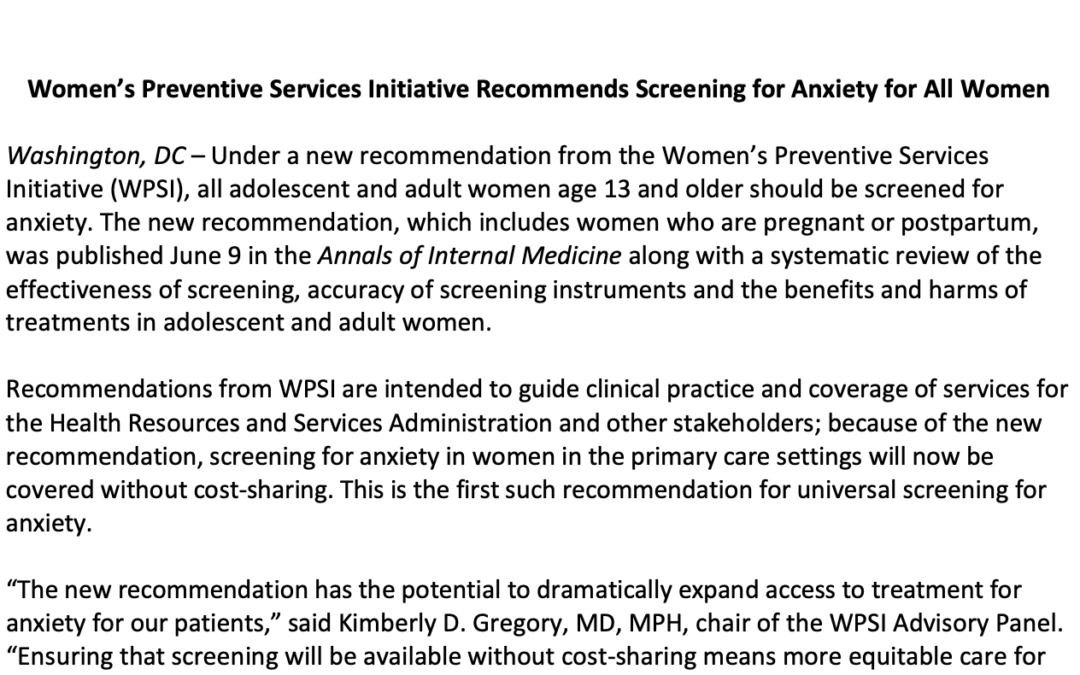 Women’s Preventive Services Initiative Recommends Screening for Anxiety for All Women