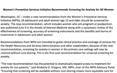 Women’s Preventive Services Initiative Recommends Screening for Anxiety for All Women