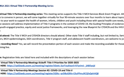 AMCHP and HRSA’s Partner for 2021 Virtual Title V Partnership Meeting Series