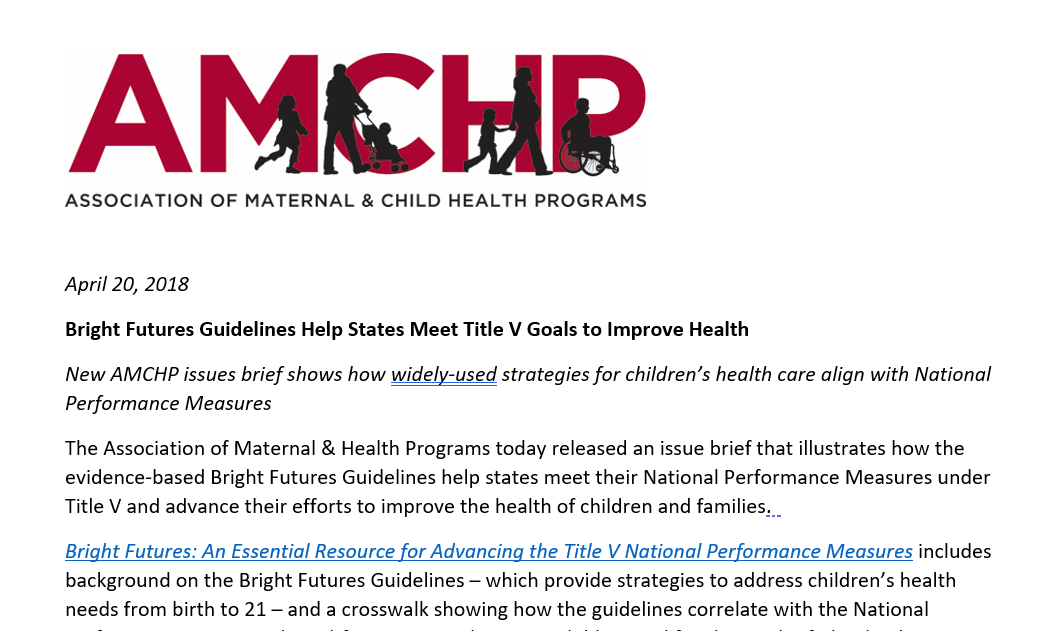Bright Futures Guidelines Help States Meet Title V Goals to Improve Health