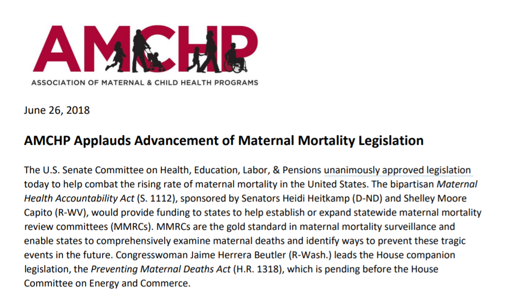 AMCHP Applauds Advancement of Maternal Mortality Legislation