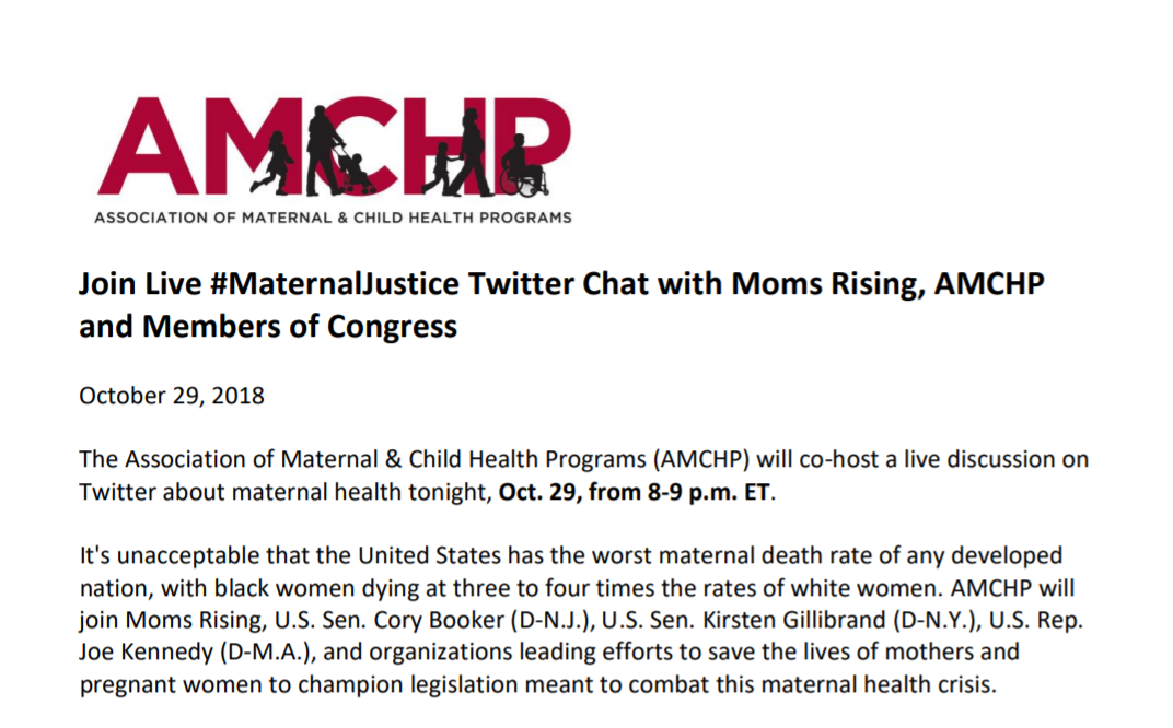 Join Live #MaternalJustice Twitter Chat with Moms Rising, AMCHP and Members of Congress