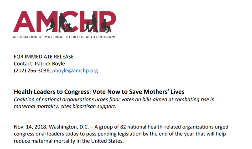 Health Leaders to Congress: Vote Now to Save Mothers’ Lives