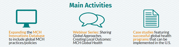 Graphic with icons to represent the global health initiative's main activities: expanding the MCH innovations database, a new webinar series, and publishing case studies featuring successful global health programs