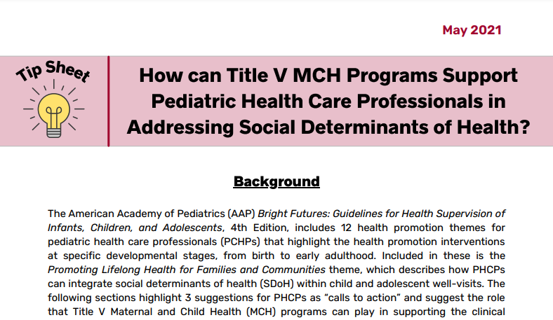 Tip Sheet: How can Title V Programs Support Pediatric Health Care Professionals in Addressing Social Determinants of Health?