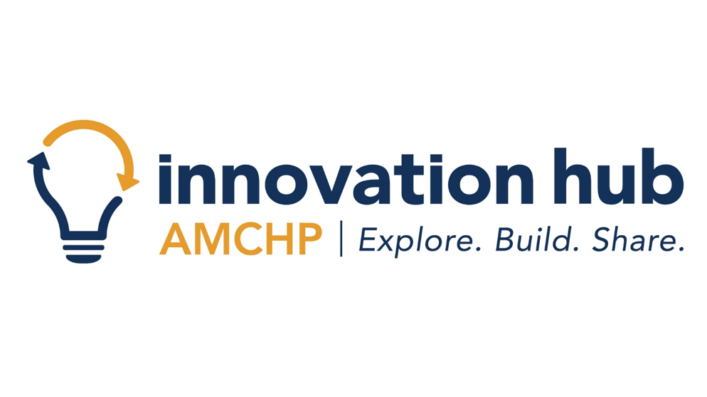 Logo with an image of a lightbulb with arrow in it, with the words “innovation hub, AMCHP, Explore, Build, Share” below