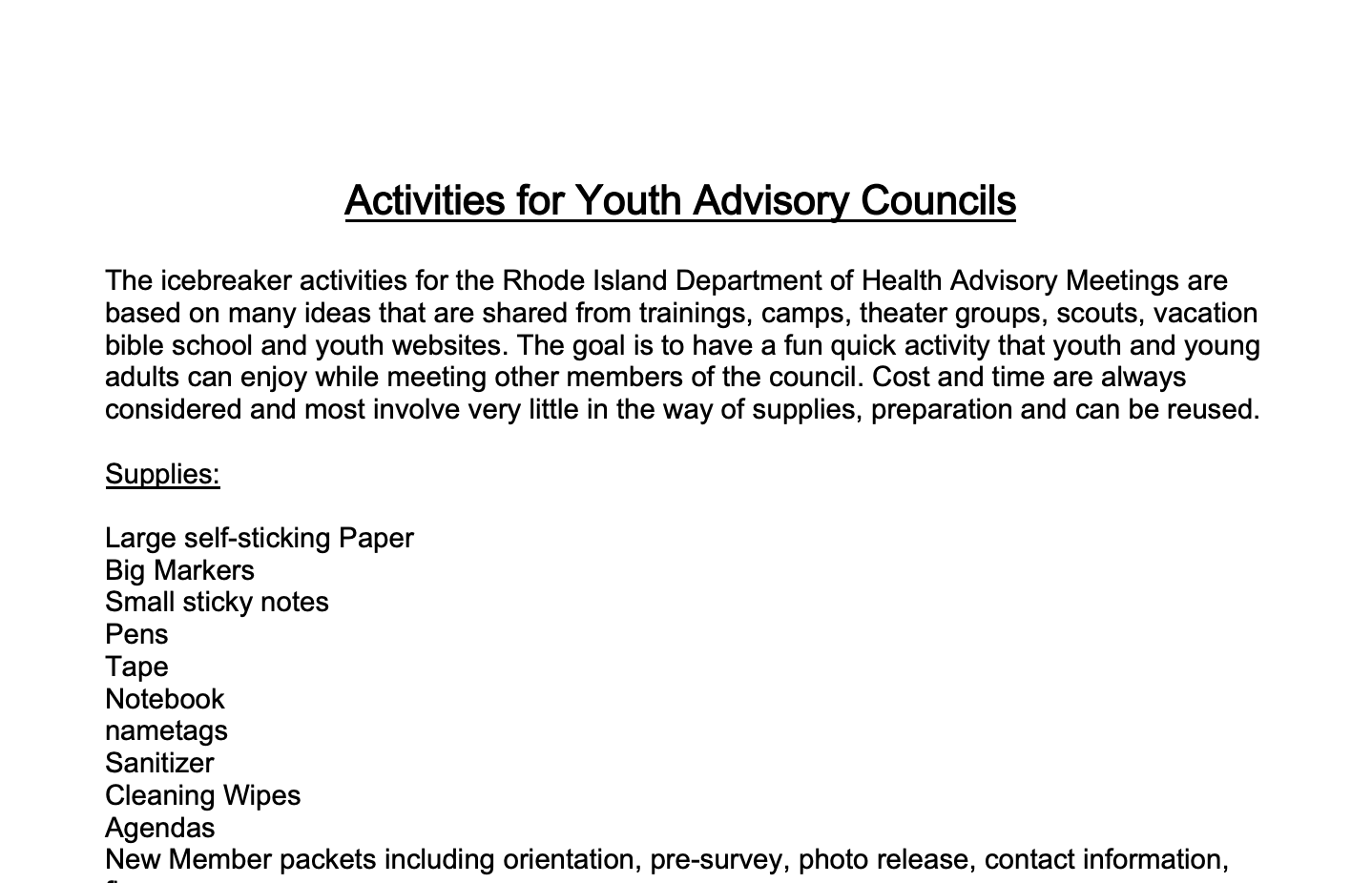 Icebreakers for Youth Advisory Council Meetings AMCHP