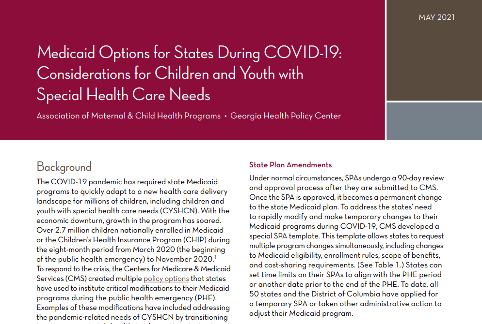 Medicaid Options for States During COVID-19: Considerations for Children and Youth with Special Health Care Needs