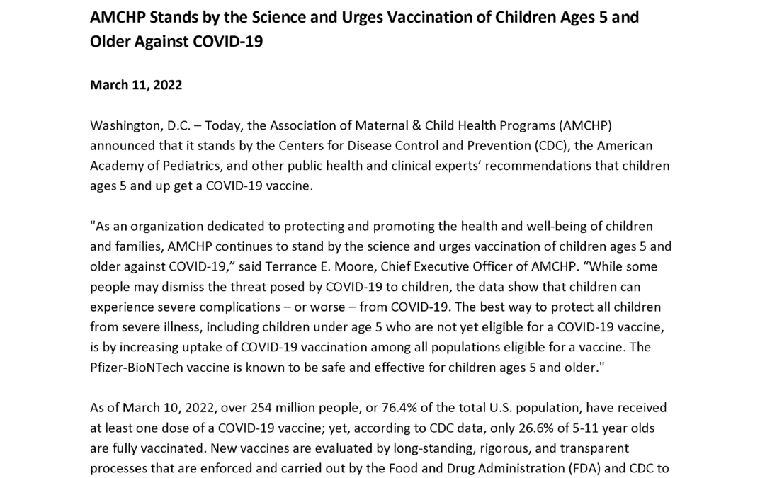 AMCHP Stands by the Science and Urges Vaccination of Children Ages 5 and Older Against COVID-19