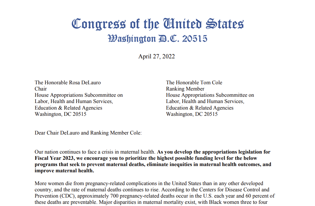 AMCHP Leads Coalition in Support of Bipartisan House Dear Colleague Letter Urging Fiscal Year 2023 Funding for Federal Maternal Health Programs