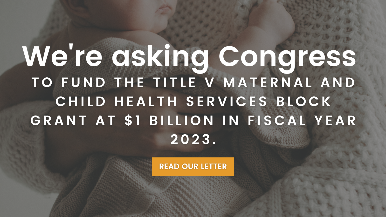 image description: the words We're asking Congress to fund the title five maternal and child health services block grant at one billion dollars in fiscal year 2022. read our letter.