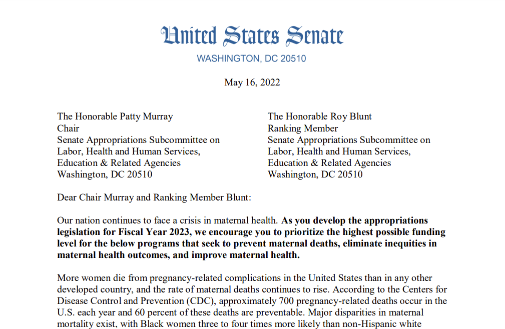 AMCHP Leads Coalition in Support of Senate Bipartisan Dear Colleague Letter Urging Fiscal Year 2023 Funding for Federal Maternal Health Programs