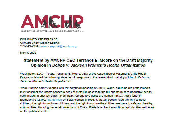 Statement by AMCHP CEO Terrance E. Moore on the Draft Majority Opinion in Dobbs v. Jackson Women’s Health Organization