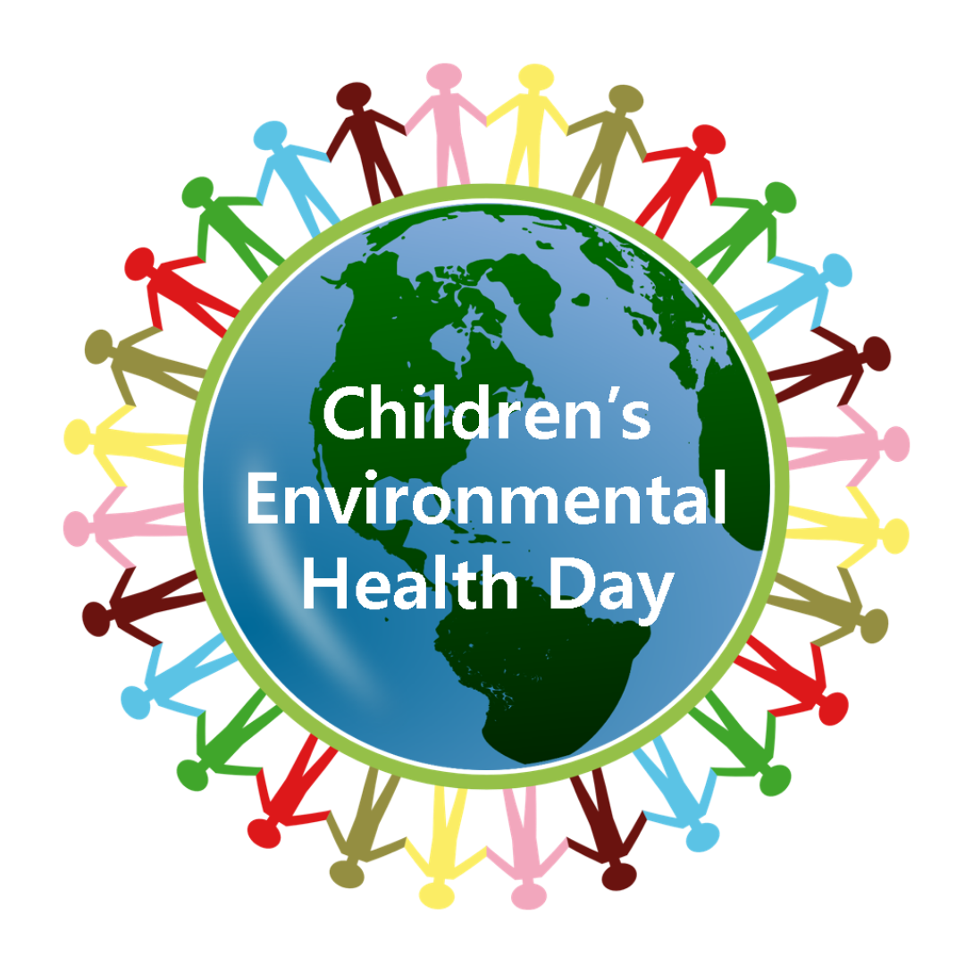 Logo of Children's Environmental Health Day. Graphic image of earth with multicolored people surrounding the outside, holding hands.