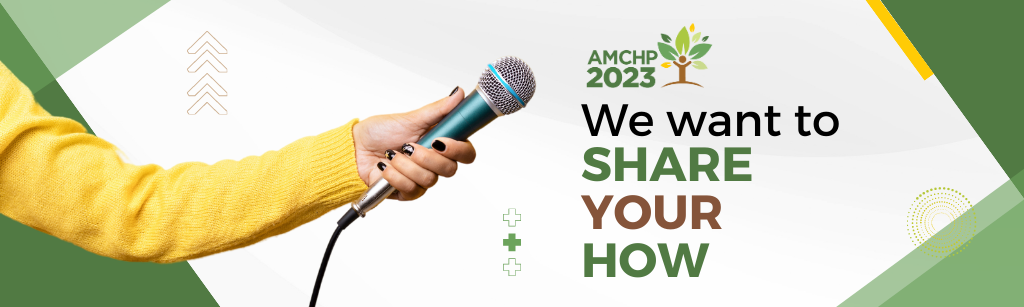 Graphic alerting AMCHP wants to share your how. Image of an arm holding a microphone.