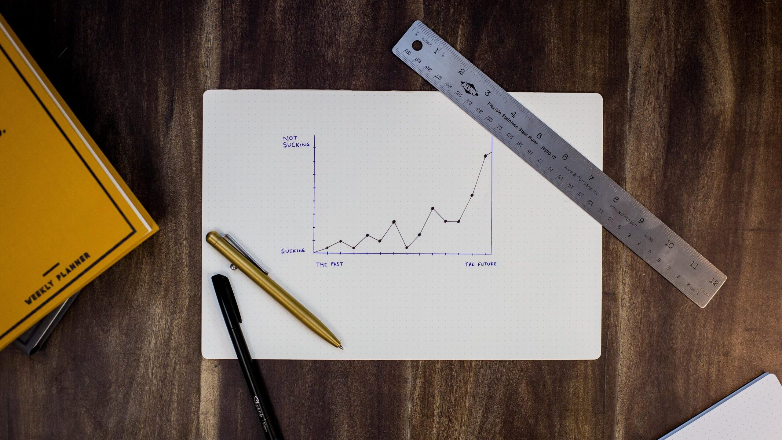 Ruler on a piece of paper with a line graph and pens.