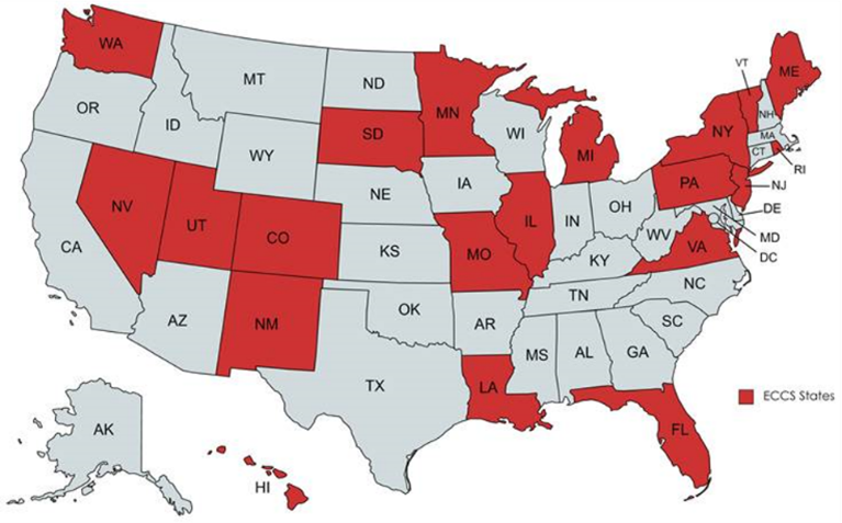 A map of the United States with ECCS awarded states highlighted in red.