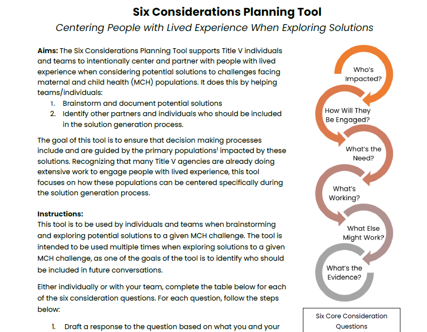 Six Considerations Planning Tool: Centering People with Lived Experience When Exploring Solutions