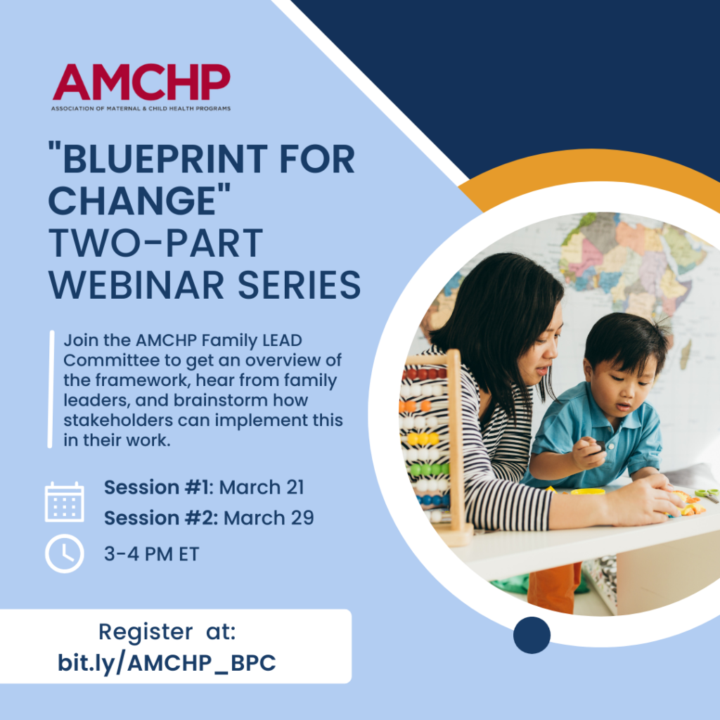 Graphic alerting to join Blueprint for Change two-part webinar series on March 21 and March 29 from 3-4 PM ET. Image of woman helping toddler with shapes on a table.