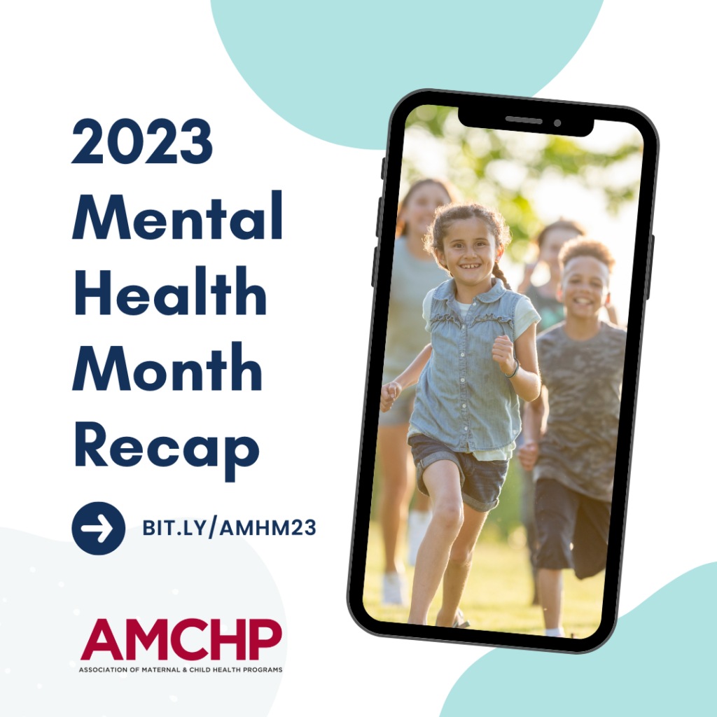 Graphic alerting of 2023 Mental Health Month Recap blog post at bit.ly/AMHM23. Image of children running outside. 