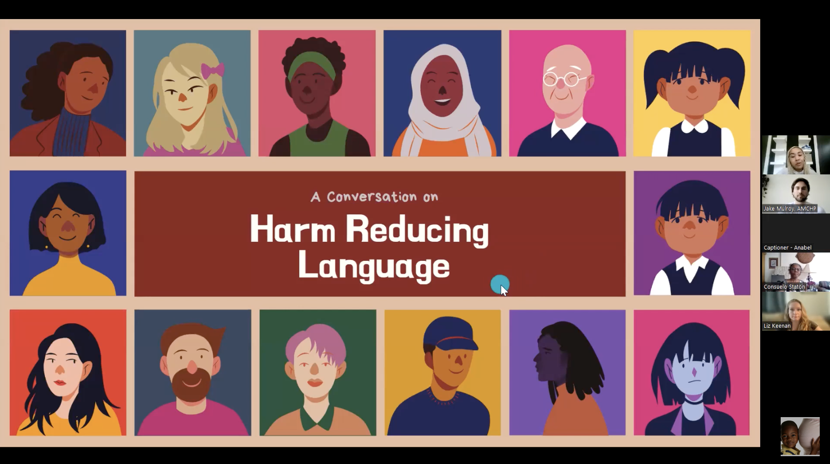 Screenshot of intro slide with colorful illustrations of people surrounding the title: "A conversation on harm reducing langauge"