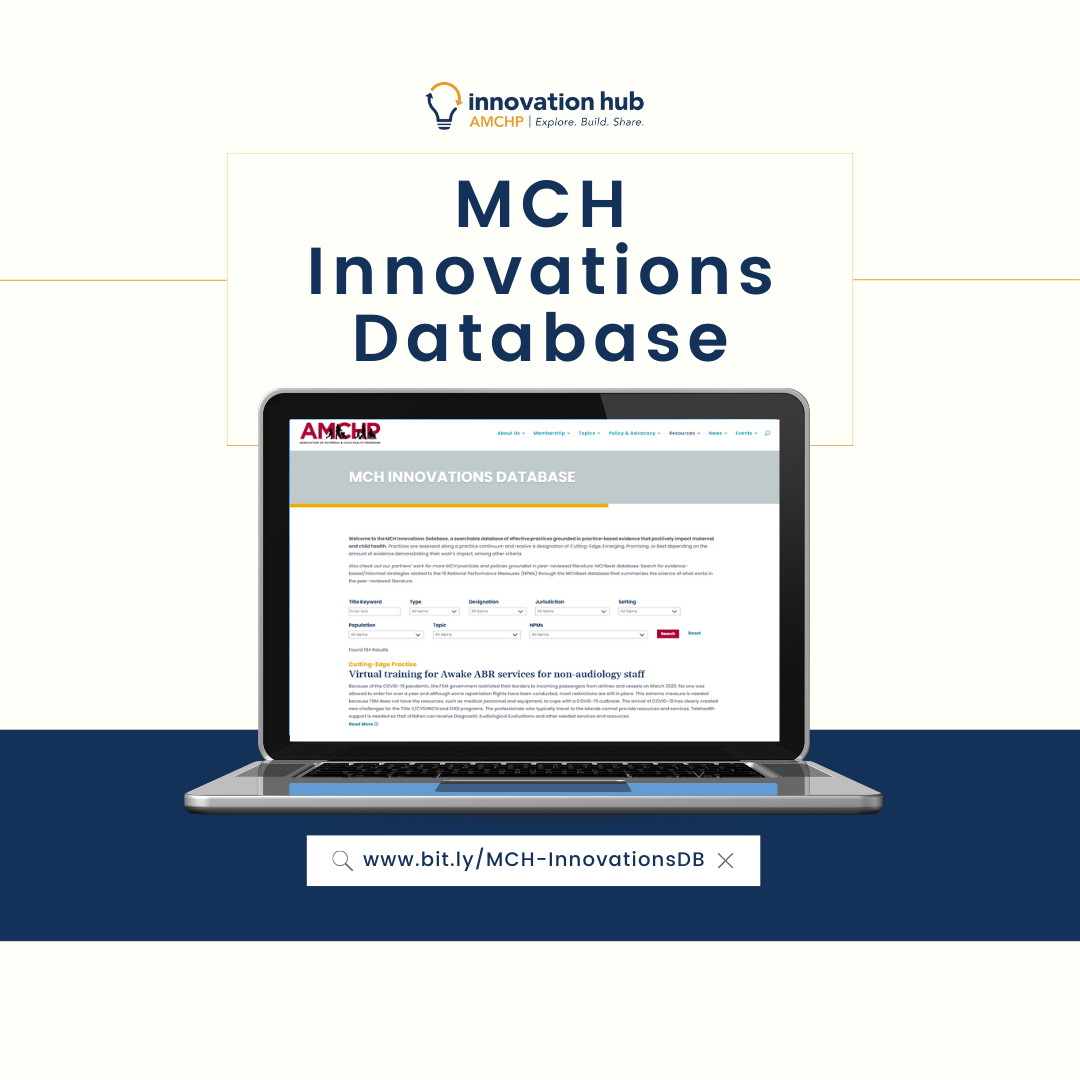 Graphic promoting AMCHP's MCH Innovations Database. Image of laptop displaying a screenshot of the database at: bit.ly/MCH-InnovationsDB.