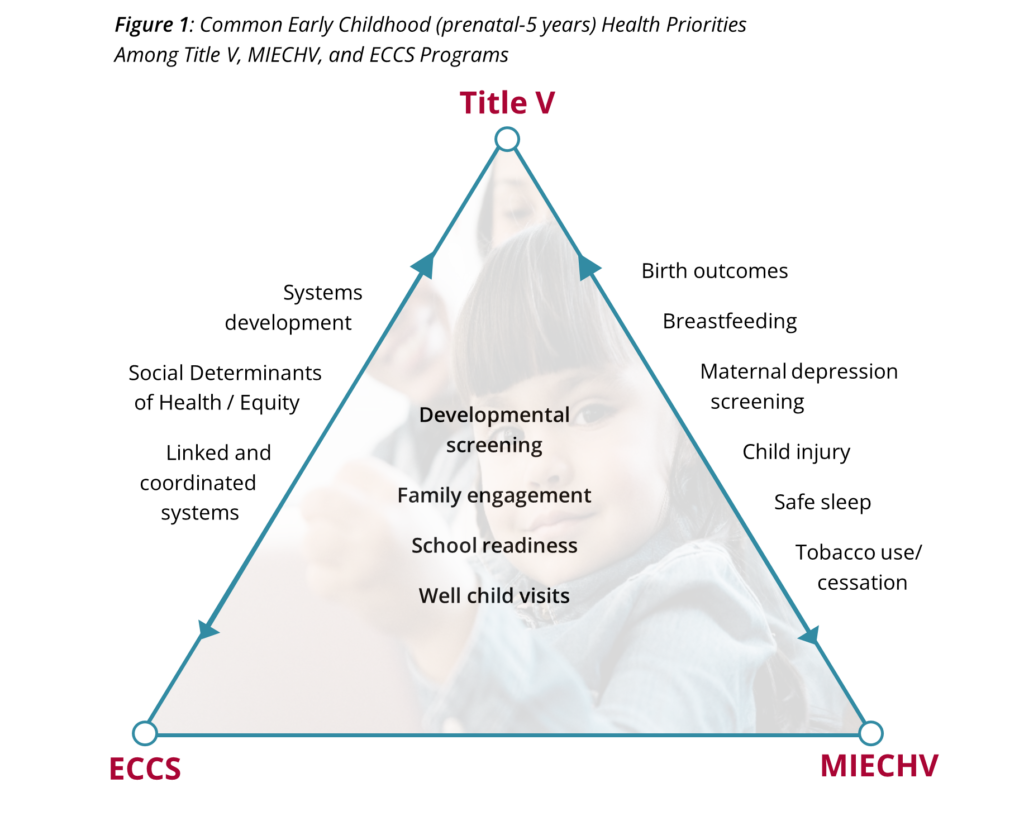 A triangle with a faded picture of a young child in the center. On top of the photo is a text box with common early childhood health priorities shared by Title V, ECCS, and MIECHV.