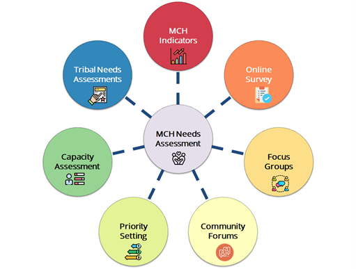 Figure 2. Needs Assessment Methodologies. MCH Needs Assessment: MCH indicators, online survey, focus groups, community forums, priority setting, capacity assessment, tribal needs assessment. 