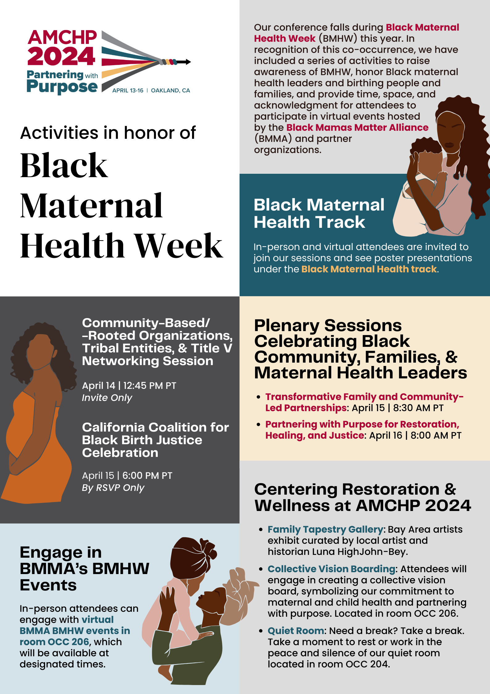 Graphic collating activities in honor of Black Maternal Health Week. More information at: https://amchp.org/wp-content/uploads/2024/03/BMHW-Flyer_31424.pdf