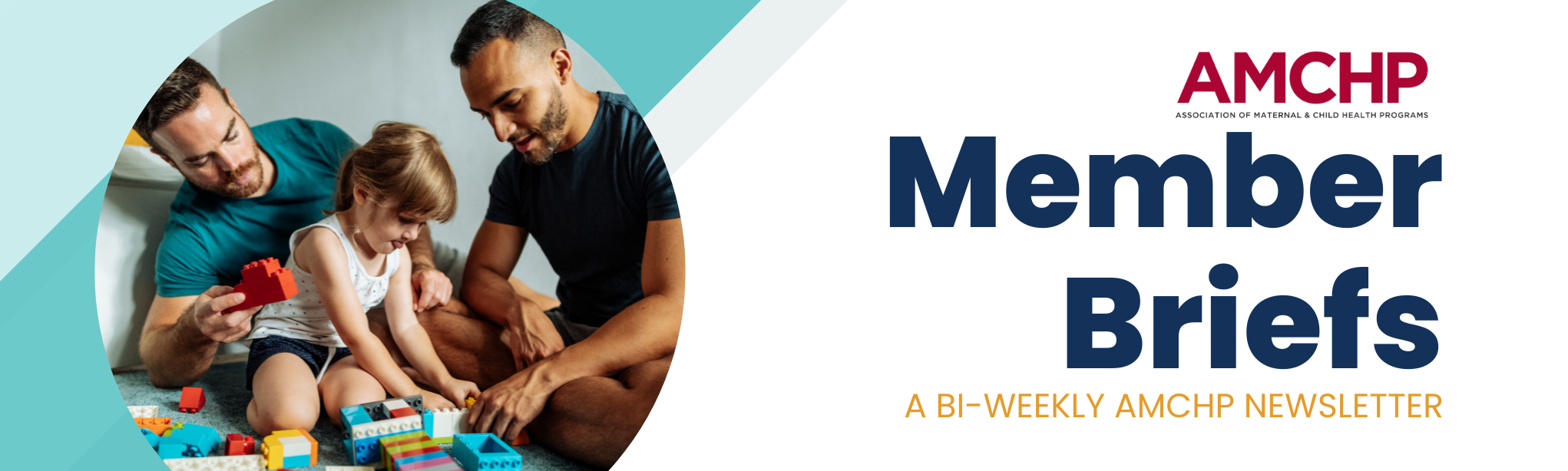 Member Brief Banner. A bi-weekly AMCHP newsletter. Image of two fathers playing blocks with a young child on the floor. 