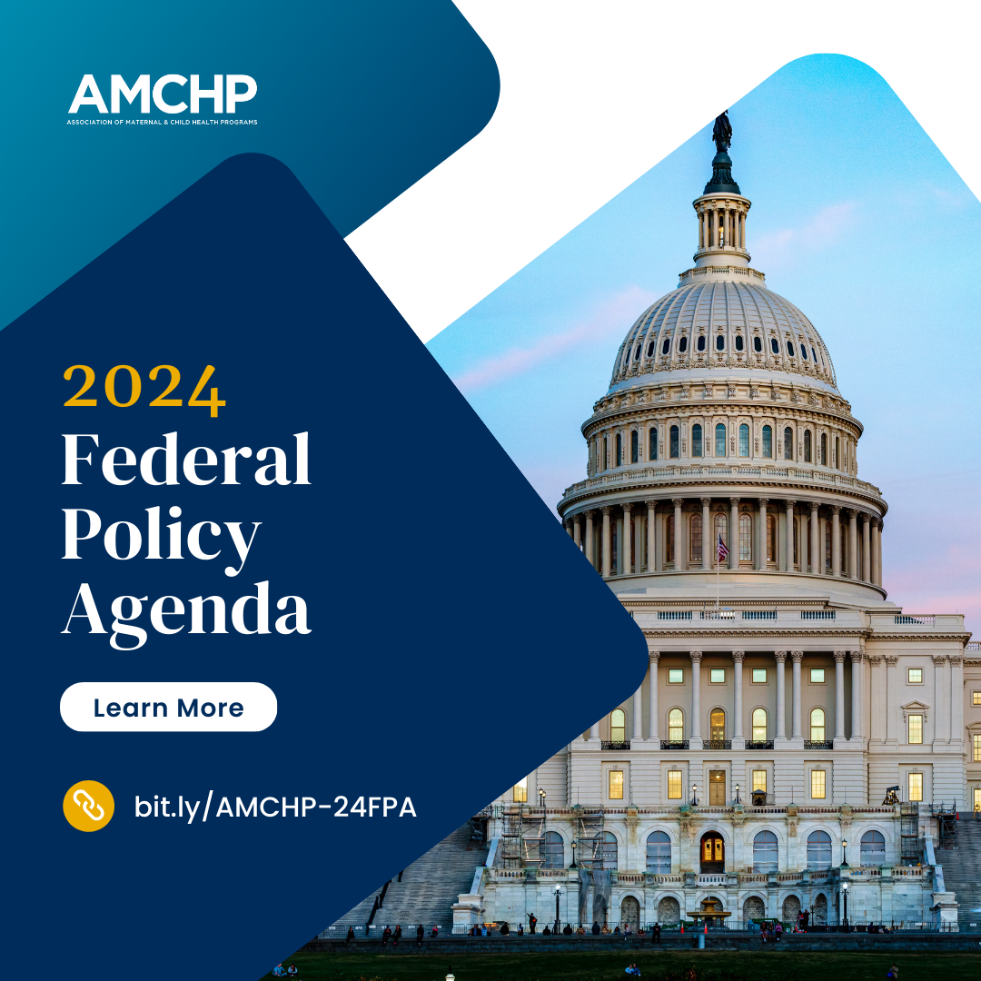 Graphic promoting 2024 Federal Policy Agenda. Learn more at bit.ly/AMCHP-24FPA
