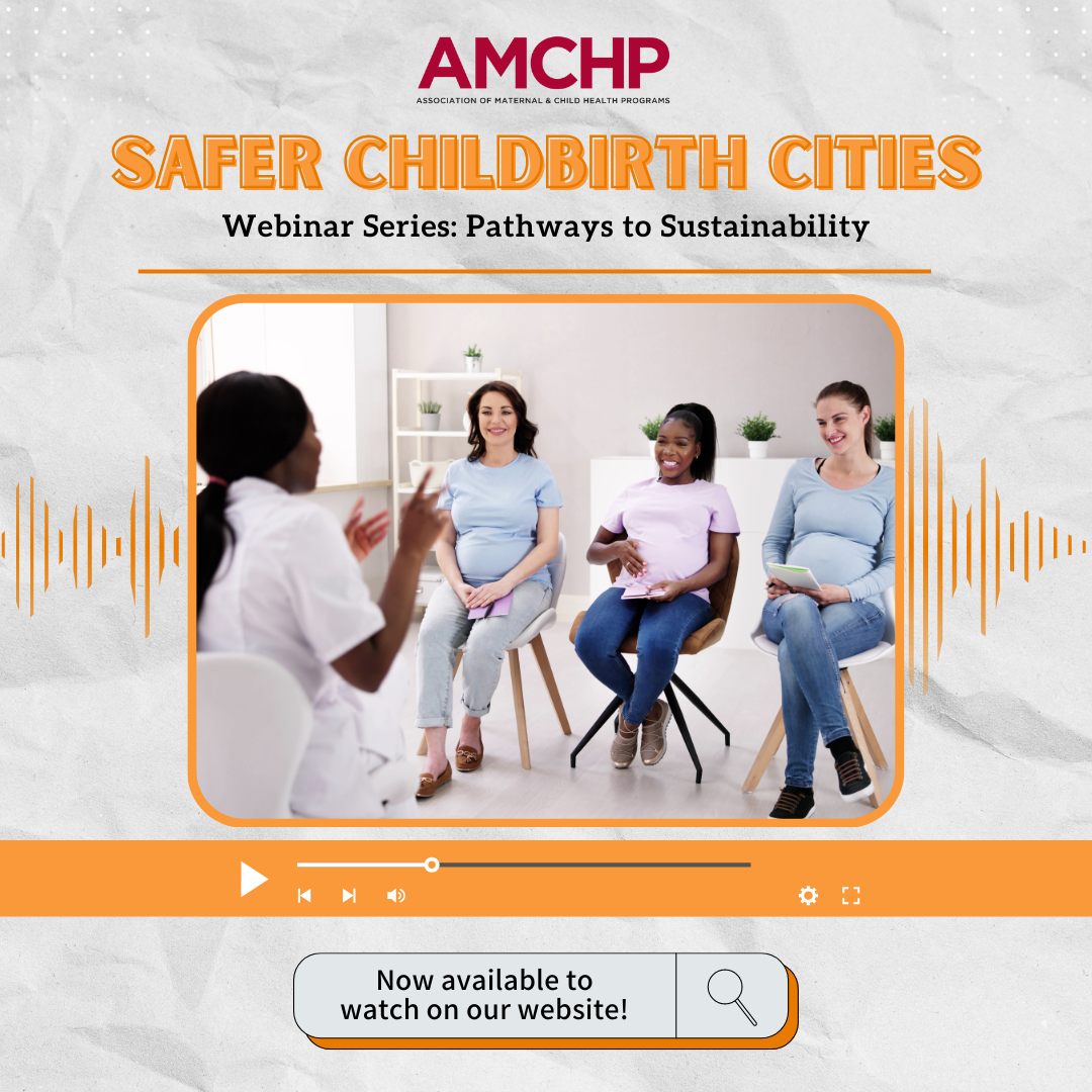 Graphic promoting the Safer Childbirth Cities Webinar Series: Pathways to Sustainability. Now available to watch on our website!