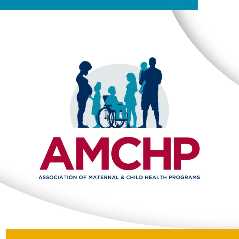 The Association of Maternal & Child Health Programs logo has the full organization name, the initials AMCHP in large uppercase letters, and three pairs of silhouettes, including a pregnant person and a child, a young person and a child using a wheelchair, and an adult holding a child to show different groups of people that AMCHP serves. A semicircle resembling a rising sun is in the background behind the people.