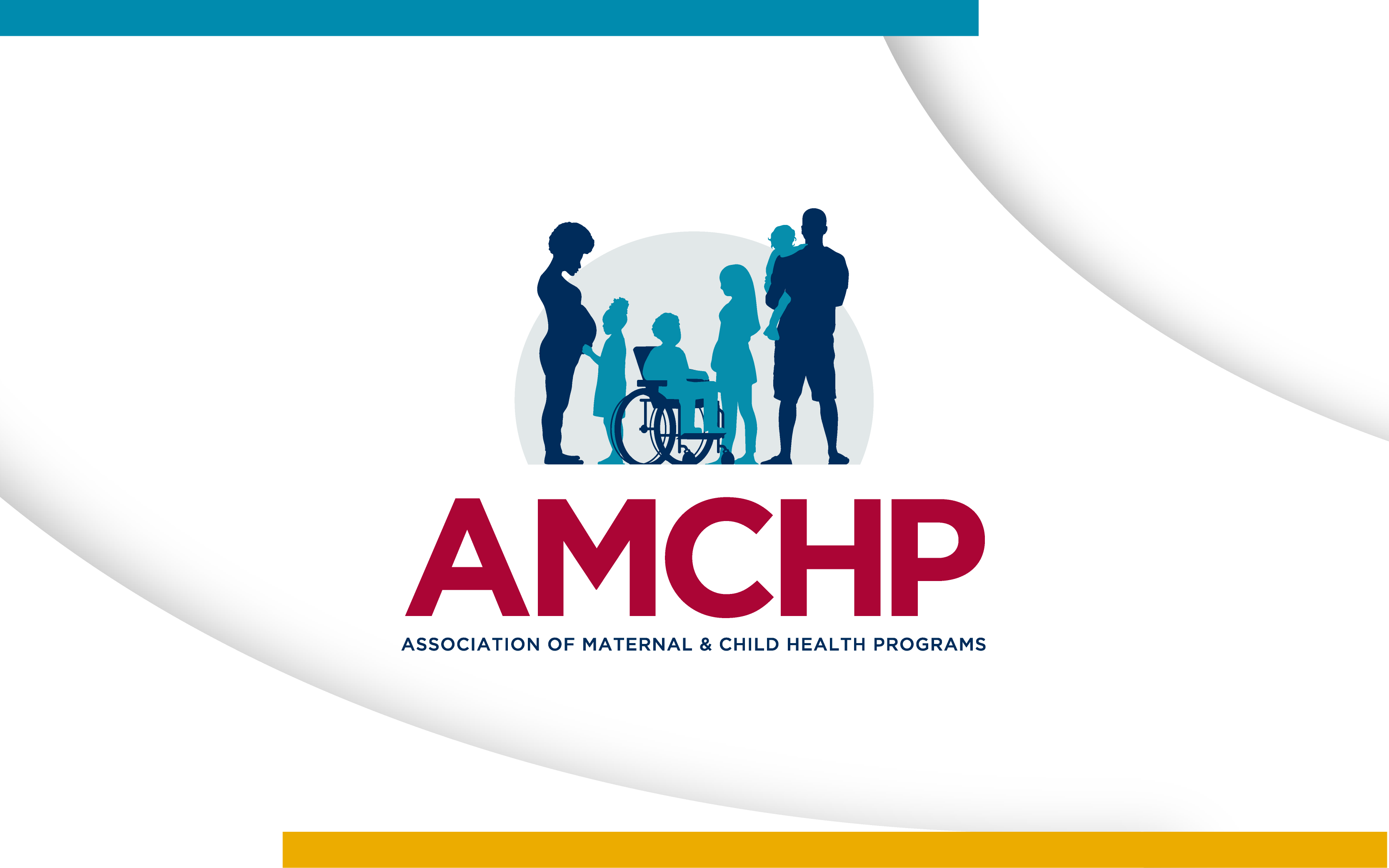 The Association of Maternal & Child Health Programs logo has the full organization name, the initials AMCHP in large uppercase letters, and three pairs of silhouettes, including a pregnant person and a child, a young person and a child using a wheelchair, and an adult holding a child to show different groups of people that AMCHP serves. A semicircle resembling a rising sun is in the background behind the people.