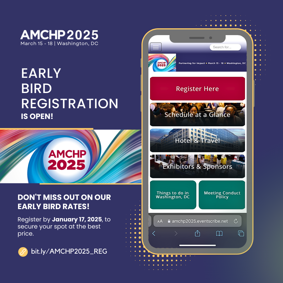 Graphic displaying a smartphone with the AMCHP 2025 website home page in the background and alerting that early bird registration for the 2025 AMCHP Annual Conference is open through January 17, 2025. The link to register is bit.ly/AMCHP2025_Reg.