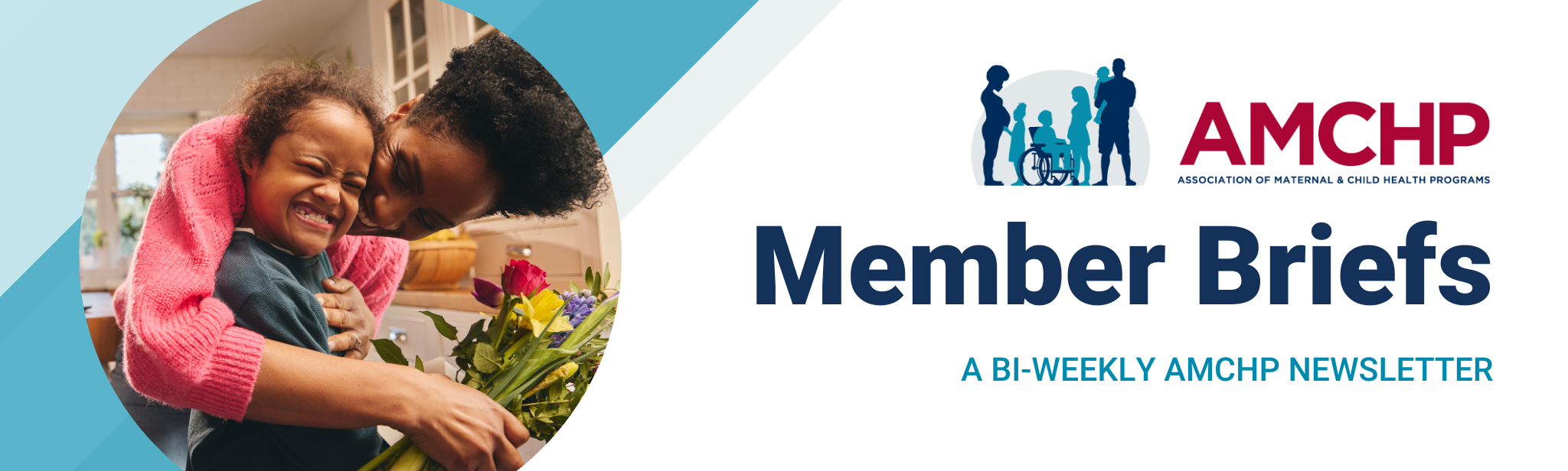 Banner promoting AMCHP Member Briefs, a bi-weekly AMCHP newsletter. Image of a parent holding flowers, hugging their child 