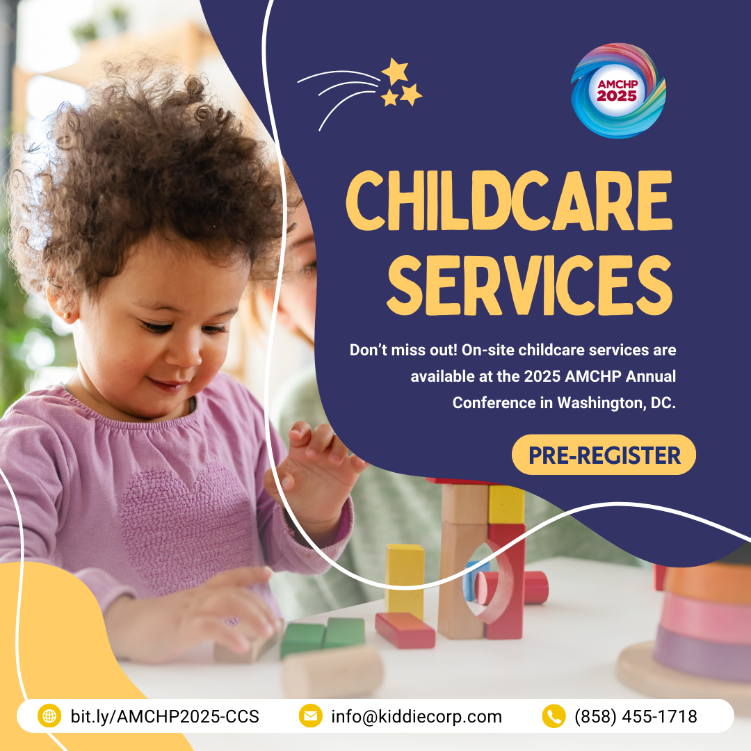 Graphic promoting on-site childcare services at AMCHP 2025. Learn more at bit.ly/AMCHP2025-CCS.