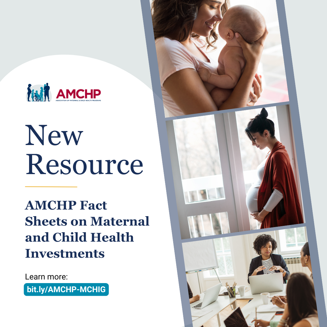 Graphic promoting the AMCHP Fact Sheets on Maternal and Child Health Investment series. The link to view and download the fact sheets is bit.ly/AMCHP-MCHIG