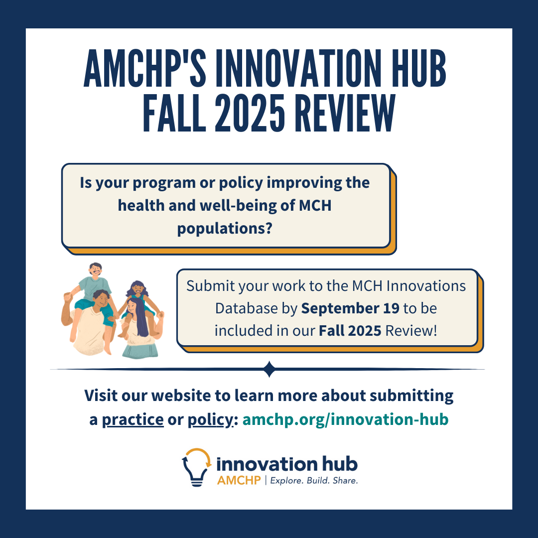 Graphic promoting AMCHP's Innovation Hub Fall 2025 Review. Visit our website to learn more about submitting a practice or policy: amchp.org/innovation-hub
