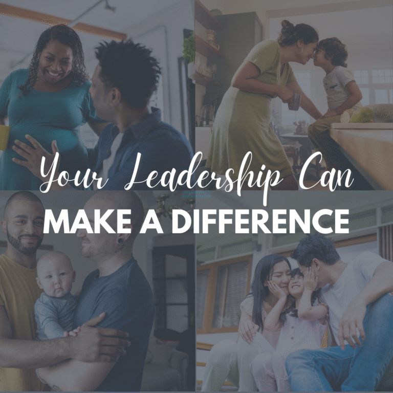 Graphic depicting four images of families with the AMCHP logo. Overlaying text reads, “Your leadership can make a difference.”