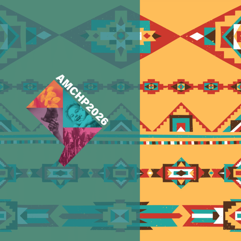 Graphic including the AMCHP 2026 logo and a picture of colorful textured decorative borders as traditional Native American ornaments. in the background.