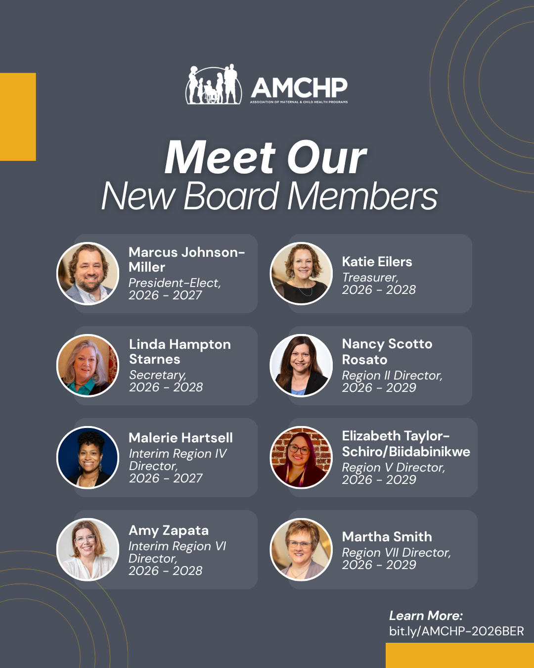 Graphic promoting AMCHP's new board members. Learn more at bit.ly/AMCHP-2026BER