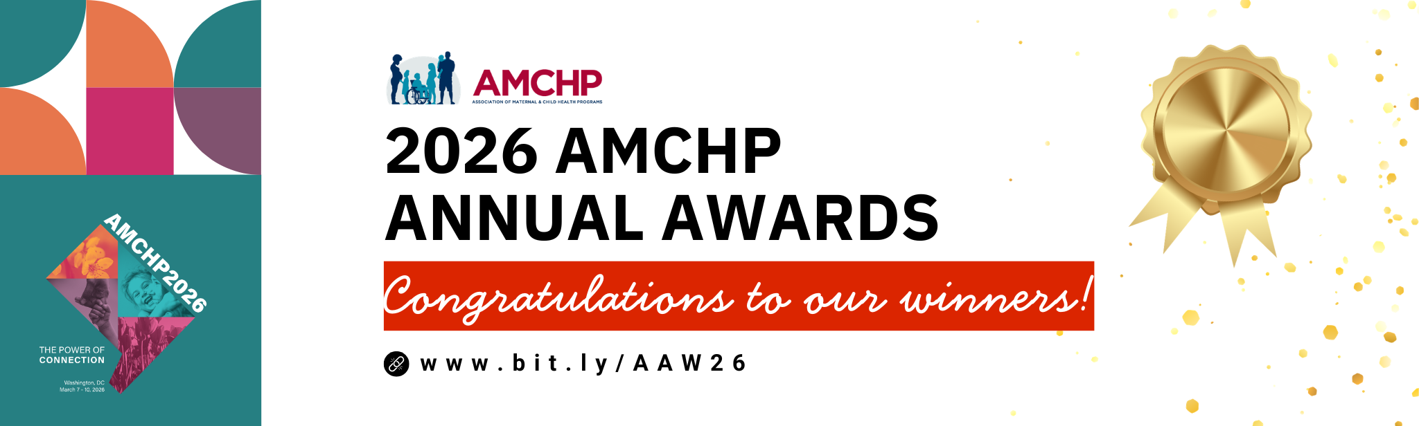 Banner promoting 2026 AMCHP Annual Awards. Congratulations to our winners. www.bit.ly/AAW26