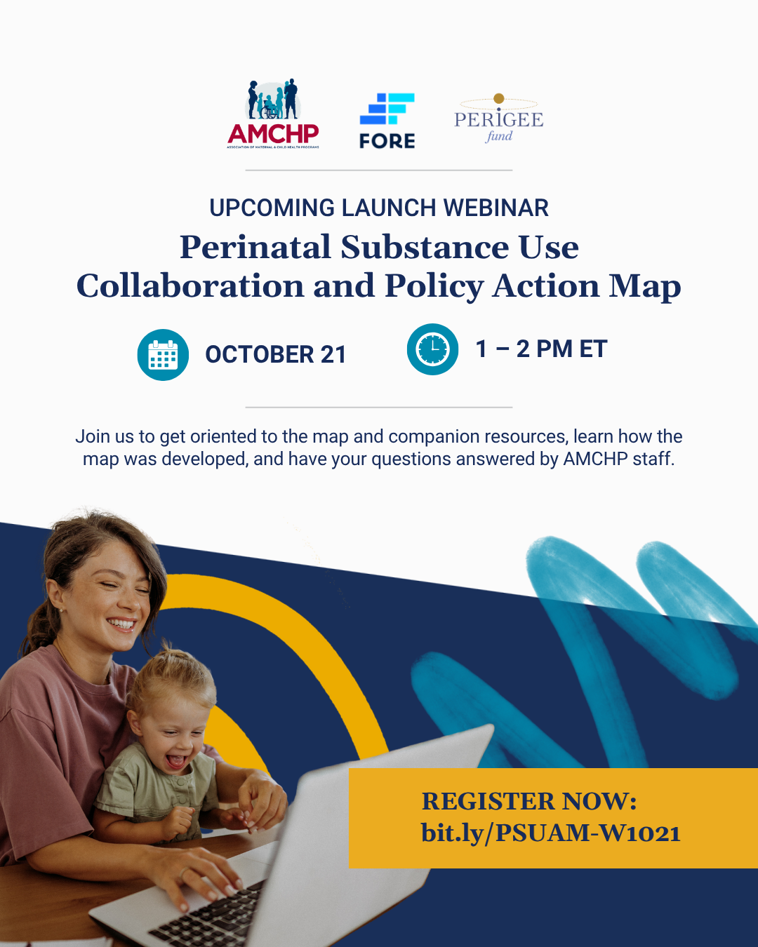 Graphic promoting new AMCHP resource: Perinatal Substance Use Collaboration & Policy Action Map. Learn more: bit.ly/PSUD-ActionMap