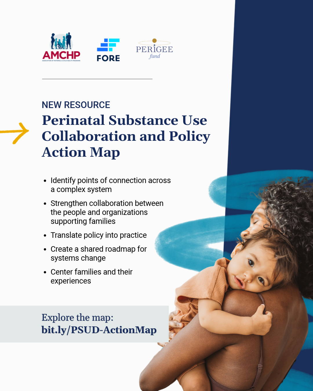 Graphic alerting of AMCHP's new Perinatal Substance Use Collaboration & Policy Action Map. Explore the resource at bit.ly/PSUD-ActionMap